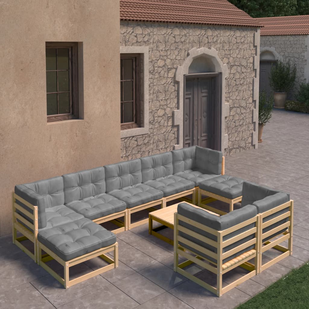 10-tlg. Garten-Lounge-Set mit Kissen Kiefer Massivholz